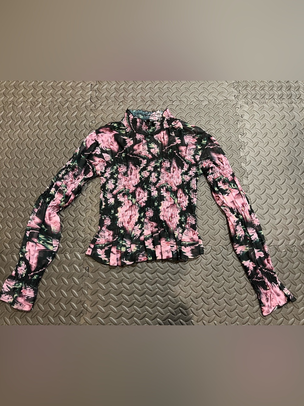 Steve Madden Pink and Black Smocked Floral Blouse